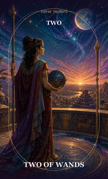 Two of Wands, from the Ishtar Insights tarot deck