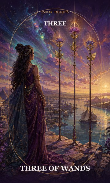 Three of Wands, from the Ishtar Insights tarot deck