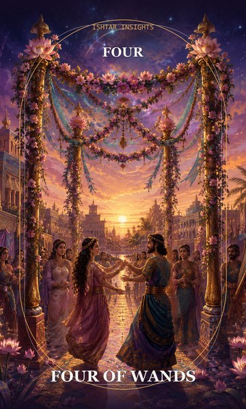 Four of Wands, from the Ishtar Insights tarot deck