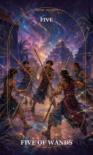 Five of Wands, from the Ishtar Insights tarot deck