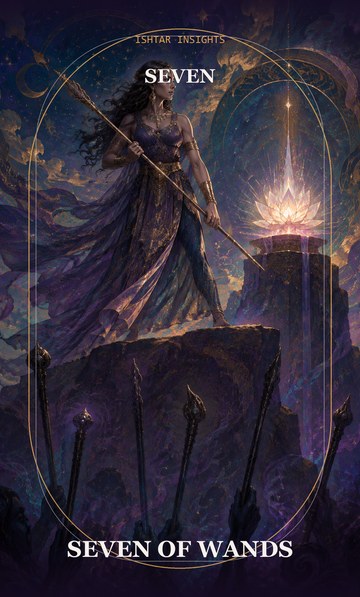 Seven of Wands, from the Ishtar Insights tarot deck