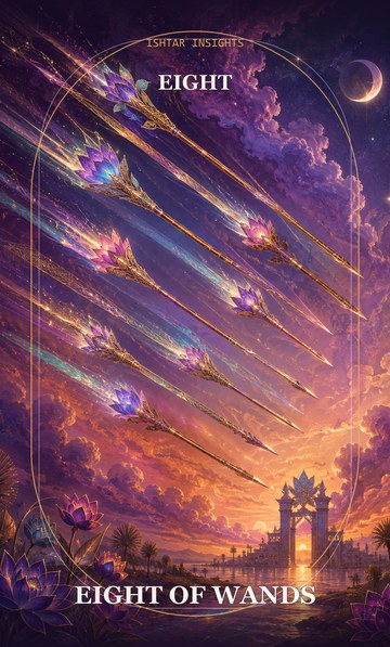 Eight of Wands, from the Ishtar Insights tarot deck