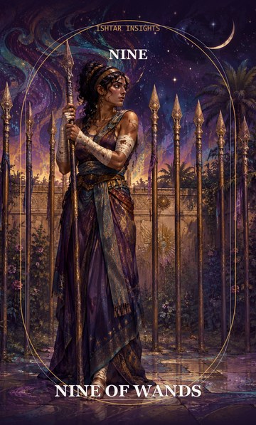 Nine of Wands, from the Ishtar Insights tarot deck