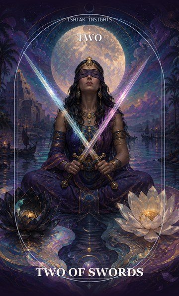Two of Swords, from the Ishtar Insights tarot deck