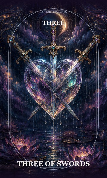 Three of Swords, from the Ishtar Insights tarot deck