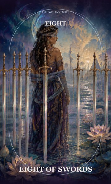 Eight of Swords, from the Ishtar Insights tarot deck