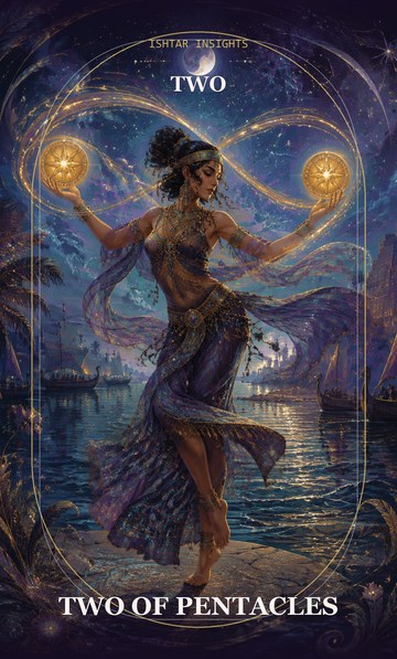 Two of Pentacles, from the Ishtar Insights tarot deck