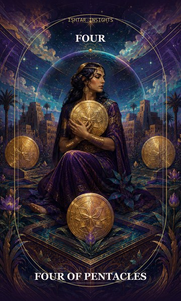 Four of Pentacles, from the Ishtar Insights tarot deck
