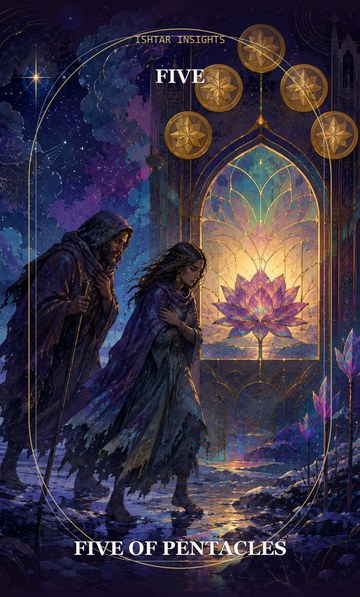 Five of Pentacles, from the Ishtar Insights tarot deck