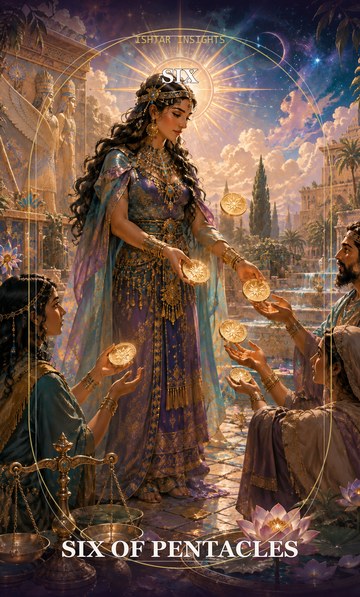 Six of Pentacles, from the Ishtar Insights tarot deck
