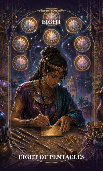 Eight of Pentacles, from the Ishtar Insights tarot deck