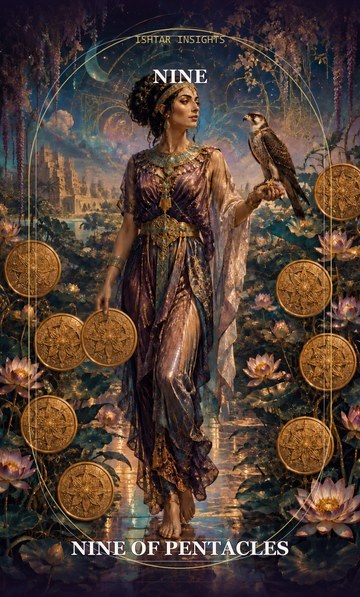 Nine of Pentacles, from the Ishtar Insights tarot deck