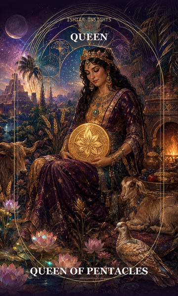 Queen of Pentacles, from the Ishtar Insights tarot deck